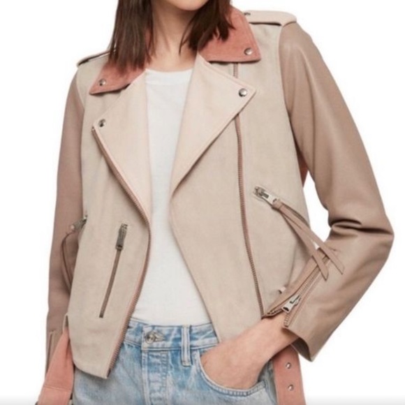 All Saints Pink Balfern Suede & Leather Biker Jacket - Size 4 - Picture 1 of 14